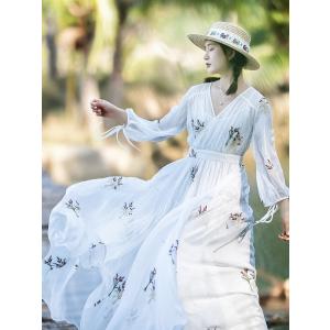 白いシフォンワンピース女春年Vネック刺繍ロングスカート海辺リゾートスカート｜chorakusutoa