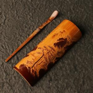 向平作業浅浮彫山水風景図老炭竹茶は二通り