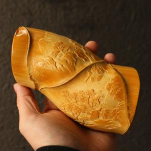 向平作り精工彫刻山水図亀甲竹茶則醒茶荷茶道具