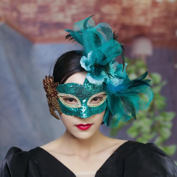 欧米誇張ベネチア緑の花マスク羽根覆面歌王ハロウィンカーニバル仮面舞踏会パーティー