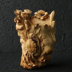 作り立体円形彫刻『劇荷』老竹根筆筒茶器収納筒竹根彫刻