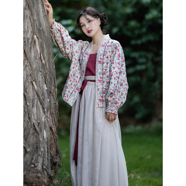 コーデュロイプリントカーディガンキャミソール一枚式メッシュスカート秋のスーツ