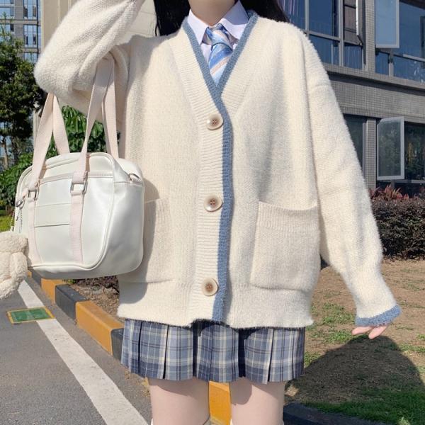 オリジナルJK制服校供給感ゆったりVネックカーディガンニット秋冬カレッジ風長袖コート女