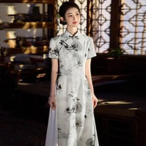 アオザイ スタンドネック 半袖 改良チャイナドレス ワンピース 洋服 着心地抜群 大きいサイズ
