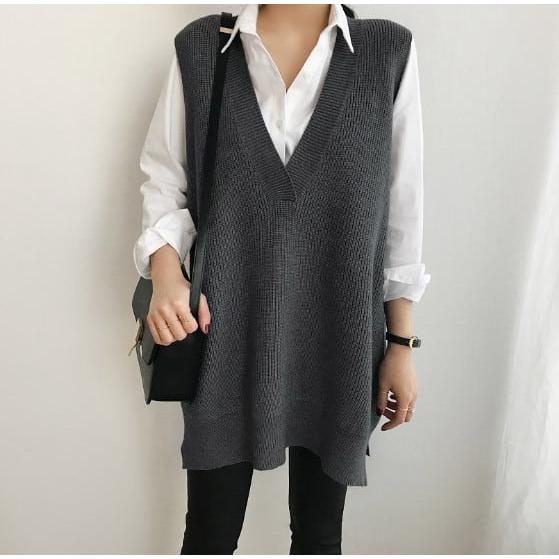 Vネックロングニット ルーズシルエット サイドスリット ゆったり 大きめ チュニック 深めVネック ...