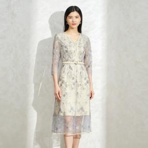 レース 服 花柄レース 七分袖ベルト付きワンピースの商品画像