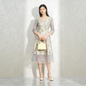 レース 服 花柄レース 七分袖ベルト付きワンピースの詳細画像1