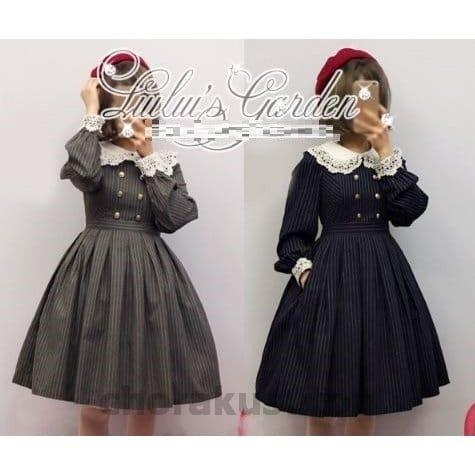 ロリータ服 ワンピース2色 Lulu's garden クラシカル レース襟 Aライン ストライプ ...