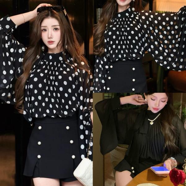 黒. 水玉、リボン、プリーツ、トップス、ブラウス　リボン