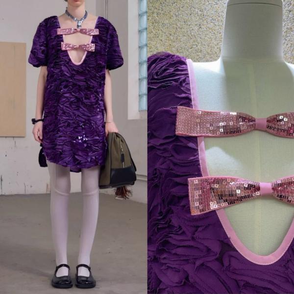 紫　花柄、リボン　ピンク　ワンピース　チュニック　ブラウス