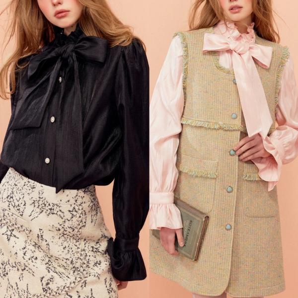 ピンク　リボン　黒　ブラウス　トップス　シャツ　カジュアル