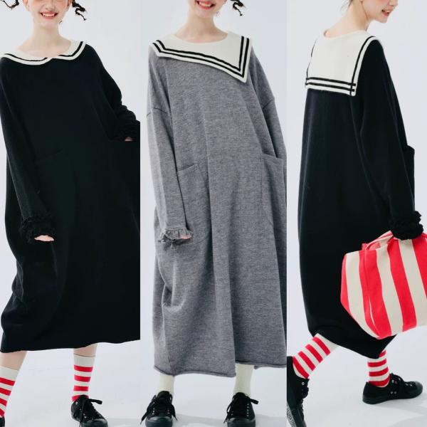 ワンピース　ニット　セーター　黒　セーラ　グレー　丸襟　ゆったり　カジュアル　XL