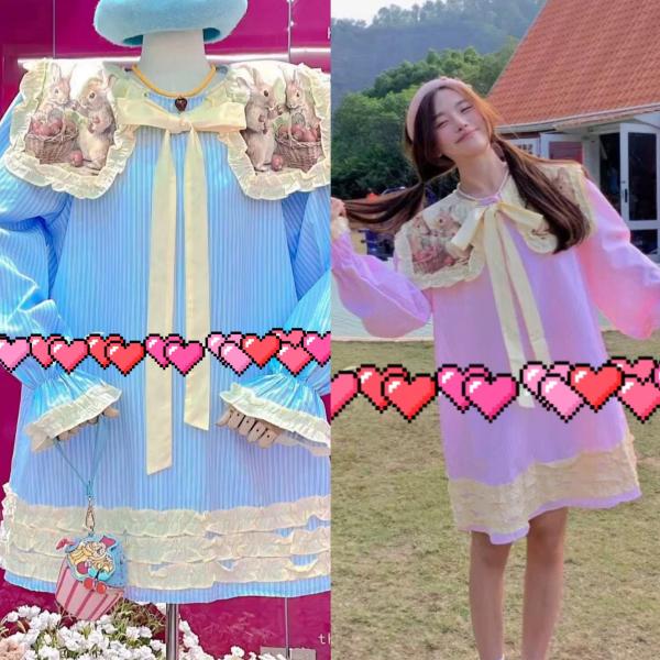 黄色　ピンク　リボン　デカ襟　くま　ワンピース　チェック　ストライプ　黄色　リボン　ブラウス