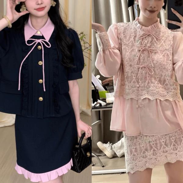 セットアップリボン　ピンク　ブラウス　チャイナ　スカート