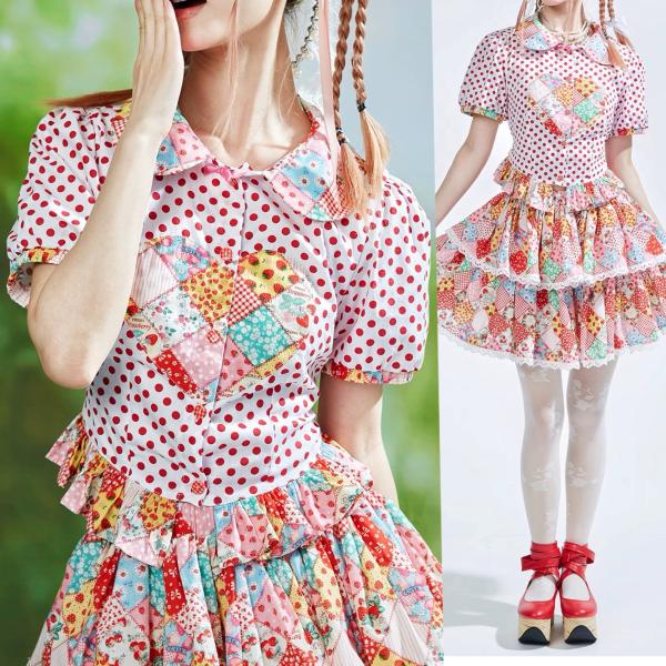 ブラウス　ガーリー　赤　リボン　トップス