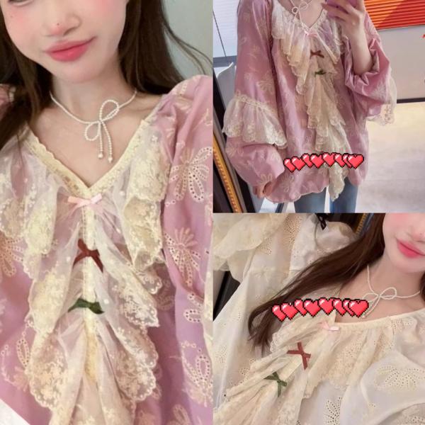 ピンク　白　リボン　ゆったり　ブラウス