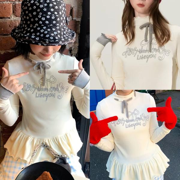 グレー　リボン　白　ブラウス　ガーリー　トップス