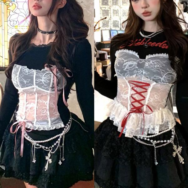 赤リボン　ピンクリボン　ガーリー　ブラウス　トップス