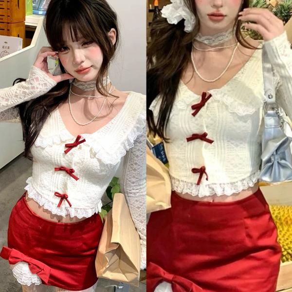 赤　リボン　セーター　ブラウス　カーディガン　スカート　ガーリー