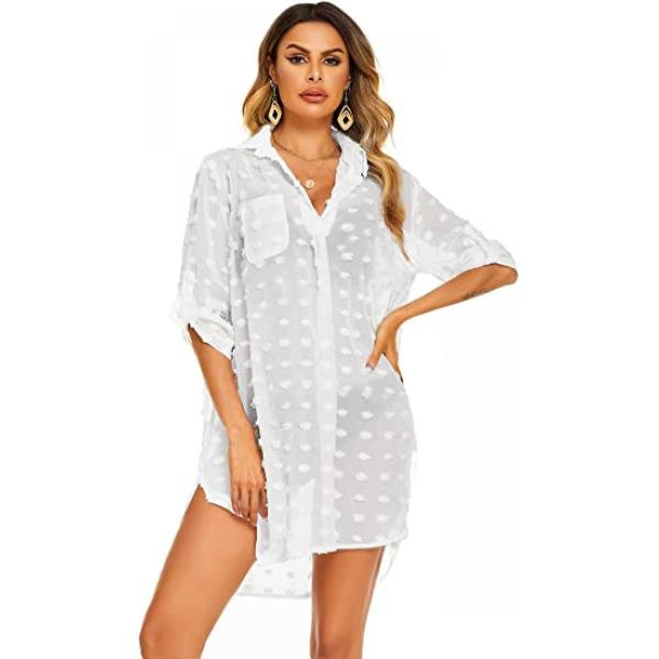 Vレディース水着ビーチカバーアップシャツビキニビーチウェア水着ビーチカバーアップドレス、ホワイト厚手...