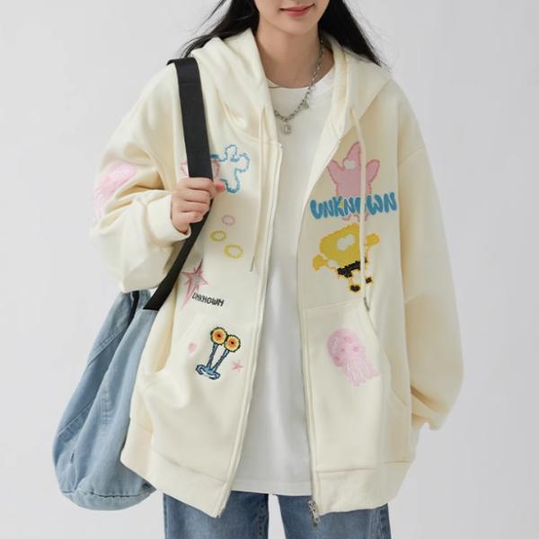 カジュアル刺繍アルファベットフード付きジッパージャケット