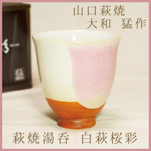 山口萩焼　萩焼湯呑　茶彩「白萩桜彩」　大和猛作　化粧箱付き
