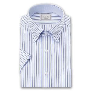 LORDSON Yシャツ 半袖 ワイシャツ メンズ 夏 形態安定 ブルーストライプ スナップダウンシャツ 綿100% 青 LORD｜choyashirts