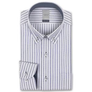ワイシャツ Yシャツ メンズ 長袖 LORDSON 形態安定加工 ブルーストライプ ショートボタンダウンシャツ