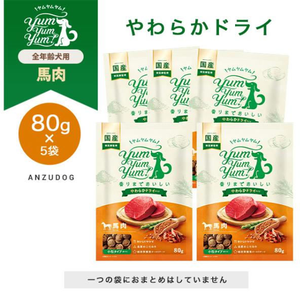 yum yum yum！(ヤムヤムヤム) 馬肉 やわらかドライタイプ 80g×5袋 犬用 ドッグフー...
