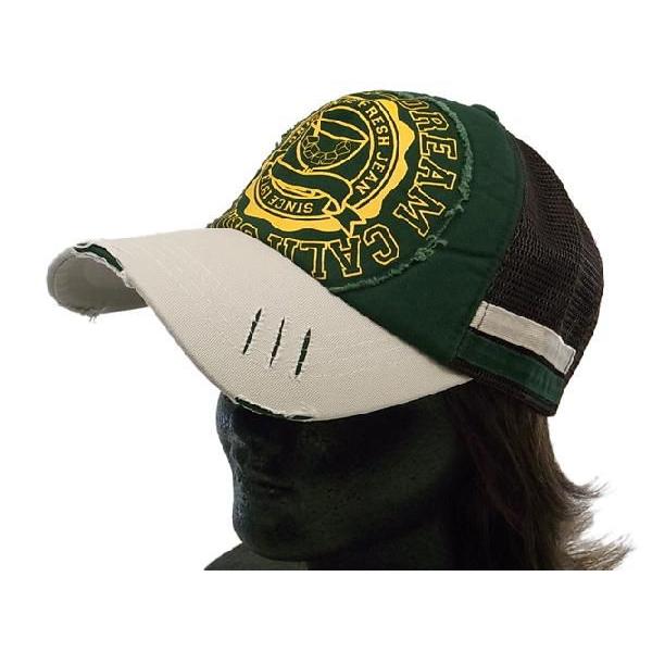 メッシュキャップ グリーン x アイボリー x ブラウン FRESH ダメージ加工 スナップバック ...