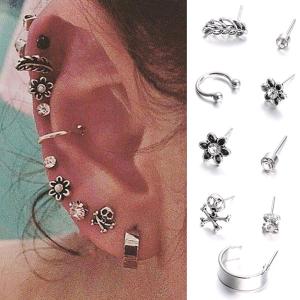 ピアス イヤーカフ 9個セット リーフ 花 スカル クリスタル ビジュー シルバー  レディース ユニセックス アンティーク ヴィンテージ