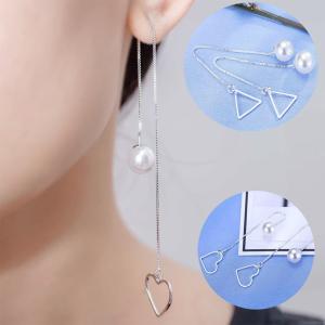 ピアス チェーンピアス パール ハート オープンハート 三角 トライアングル シルバー ロングピアス アメリカンピアス 両耳用 アクセサリー レディース
