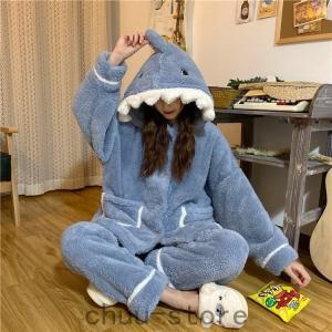 パジャマ レディース 冬 裏起毛 長袖 長ズボン ふわもこパジャマ あったか サメ　ルームウェア 上下セット モコモコ 部屋着 ふわふわ お祭り イベント
