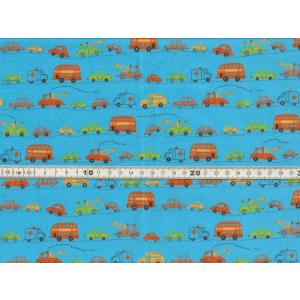【送料無料】綿100% 生地 働く車柄プリント 水色地  ブロード