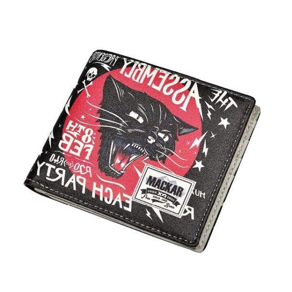 2つ折り財布 メンズ 猫 財布 ねこ柄 ウォレット 黒 ブラック 小物