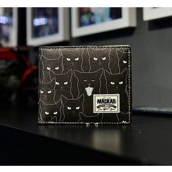 2つ折り財布 メンズ 猫 財布 ねこ柄 ウォレット 黒 ブラック 小物