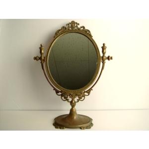 真鍮スタンドミラー フランス アンティーク エレガントな鏡 ブラス ロカイユ レリーフ インテリア