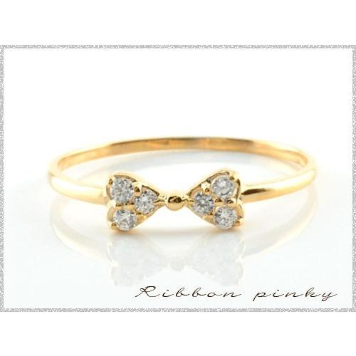 10金 ダイヤモンド リング リボンリング ピンキーリング リボン ダイヤモンドリング ピンクゴール...