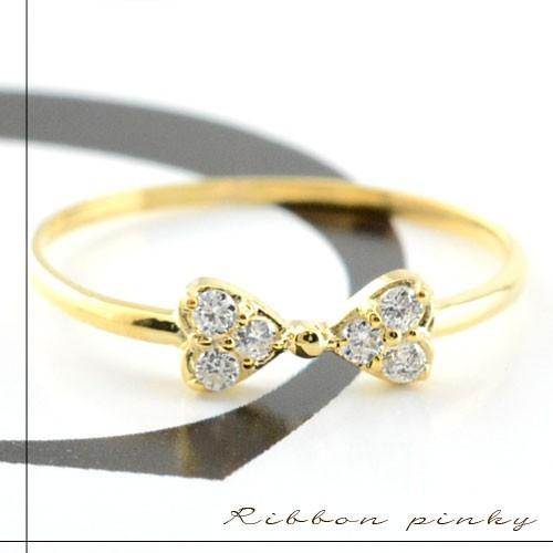 ダイヤモンド 18金 リング リボンピンキーリング リボン ゴールド ダイヤモンドリング イエローゴ...