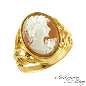 送料無料 K18 カメオ リング 11号 ダイヤモンド シェルカメオ