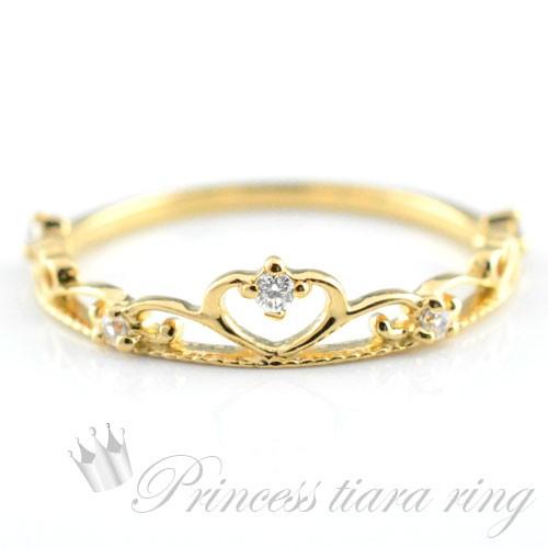 18金 ダイヤモンド ティアラリング レディース 指輪 k18 ピンキーリング 王冠デザイン ミル打...