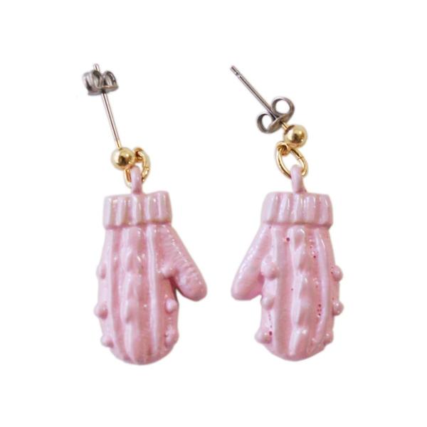 ピアス　ミトン　ケーブルニット　アクセサリー　ピンク