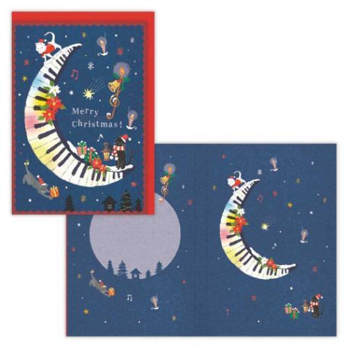 クリスマスカード プリントオルゴールカード サンタ猫と月 日本ホールマーク