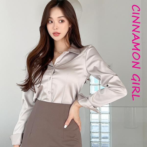 【PREMIUM】【最高級★LUXURY STYLE】【全4色】サテン長袖ブラウス　グレー アイボリ...