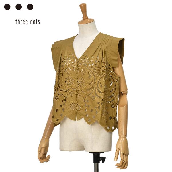 three dots【スリードッツ】カットワークブラウス TP1001Y 235 OCHRE コット...