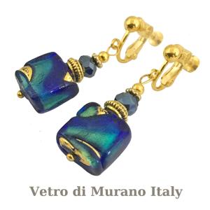 ベネチアングラスイヤリング　イタリア製ムラーノガラス　スクエアー　ドロップイヤリング　アイアインブルー　24KTゴールドフォイル｜cinquieme