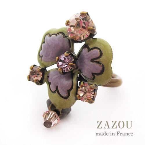 指輪レディース　フランス製アクセサリースワロフスキー・ビオラリング・グリーン＆パープル
