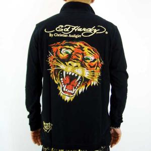 Ed Hardy Mens Long Sleeve Polo Pique MLPWHQR034 Tiger Rhinestones Black エドハーディー メンズ タイガー ラインストーンズ L/S ポロ ピケ ブラック｜cio