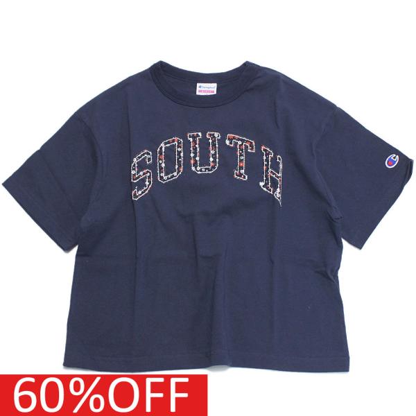 セール 「50%OFF」 半袖Tシャツ &quot;チャンピオン&quot; 子供服 ガールズフラワーアップリケ ネイビ...