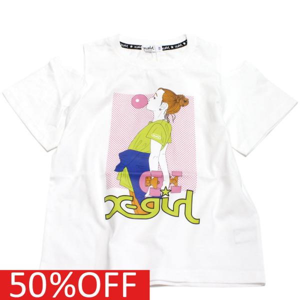 半袖Tシャツ &quot;エックスガールステージズ&quot; 子供服 女の子プリント肩開き半袖Tシャツ オフホワイト(...